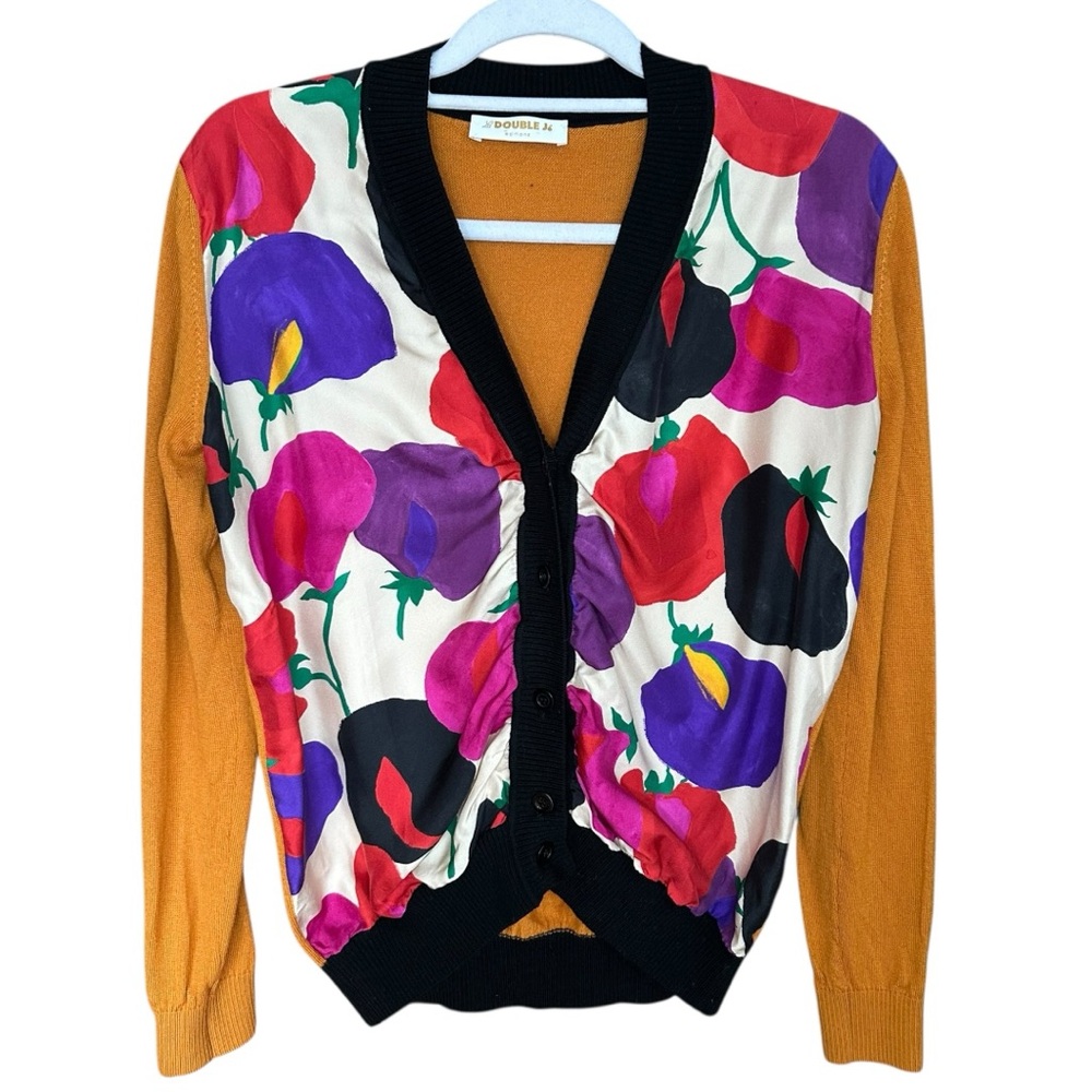 LA DOUBLE J GEMINI CARDIGAN - UMBER/POPPY Merino Wool Silk Large colorful Luxury